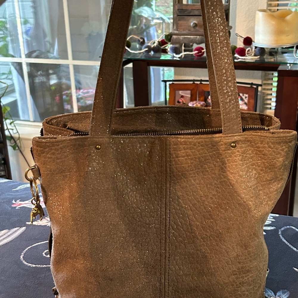 Kipling Brand metallic finish tan suede Tote Bag